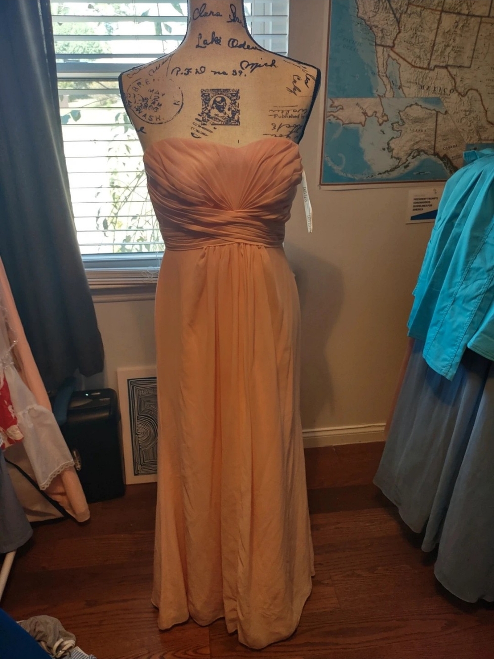 David's Bridal Strapless Blush Peach Chiffon Gown